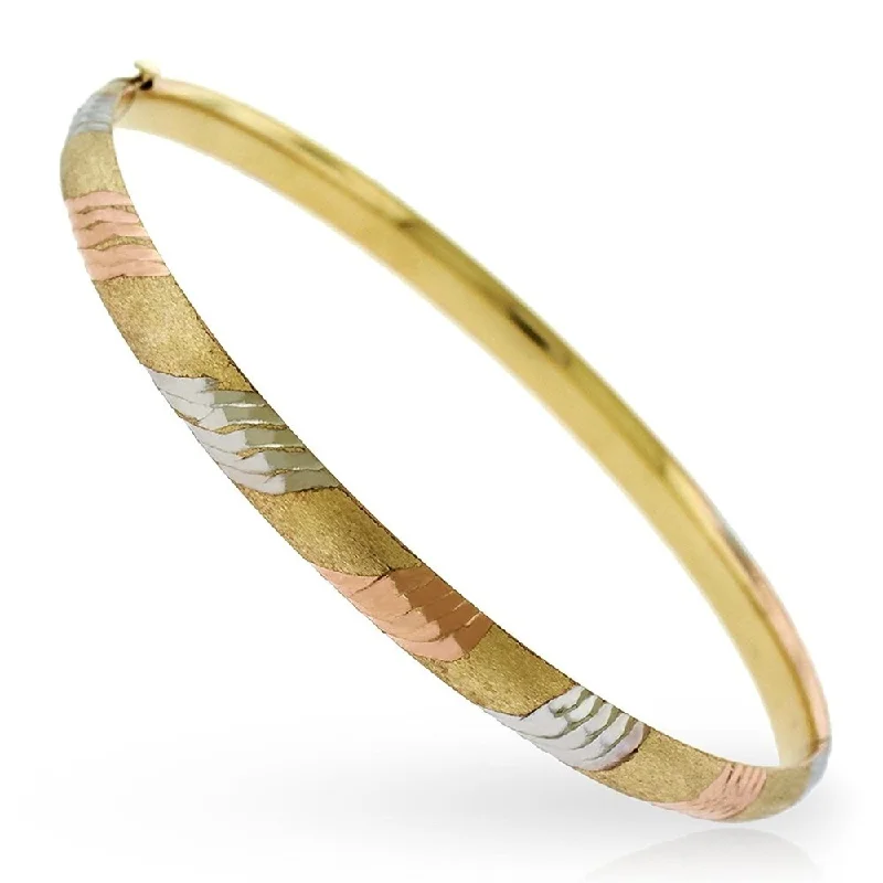 14k Tri-color Gold Fancy Diamond-cut Striped Bangle Bracelet