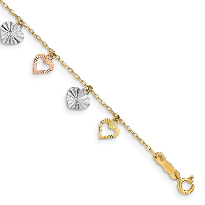 14k Tri-Color Heart Bracelet, 7.25"