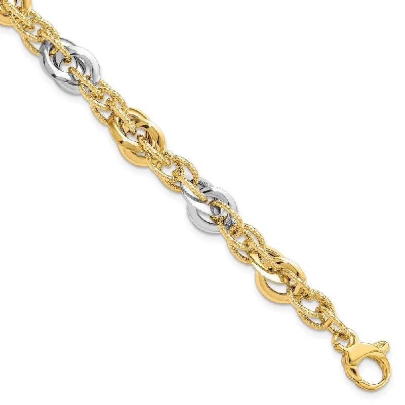 14k Two-tone 8mm Polished Diamond-Cut Fancy Link Bracelet, 7.5"