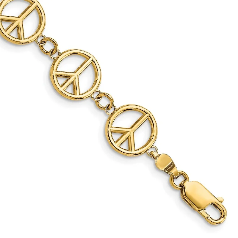 14k Yellow Gold 10.2mm Polished Peace Sign Bracelet, 7.5"