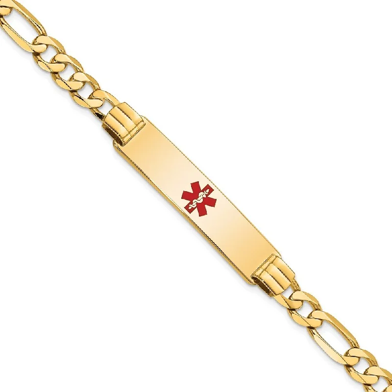 14k Yellow Gold 10.5mm Medical Red Enamel Flat Figaro Link ID Bracelet, 7"