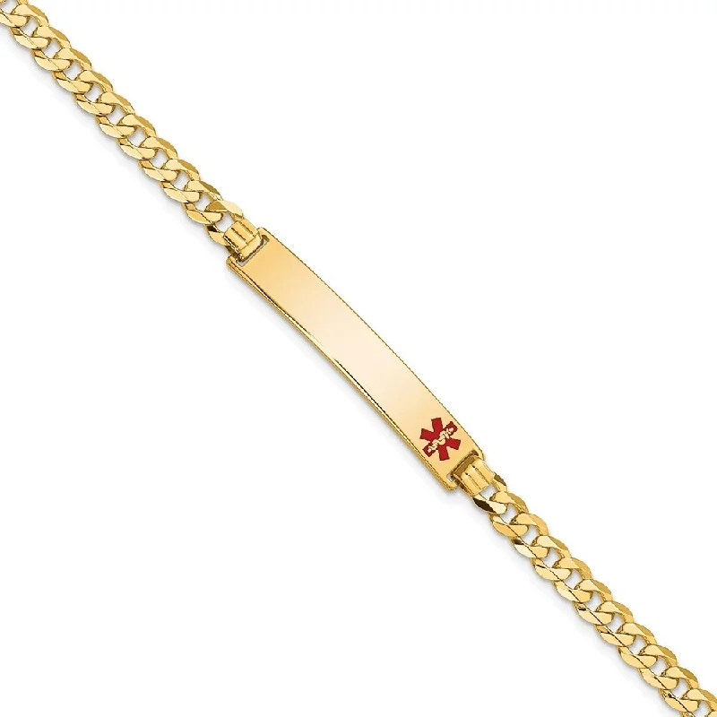 14k Yellow Gold 6.5mm Medical Red Enamel Flat Curb Link ID Bracelet, 7"