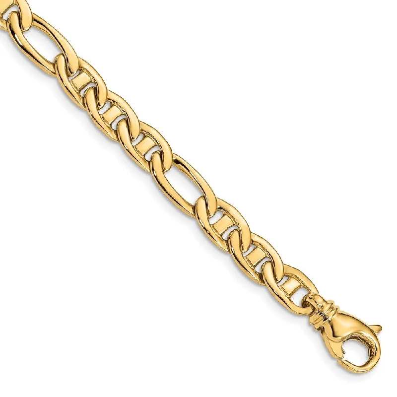 14k Yellow Gold 6.5mm Solid Hand-Polished 3 & 1 Flat Anchor Chain Bracelet, 7.25"