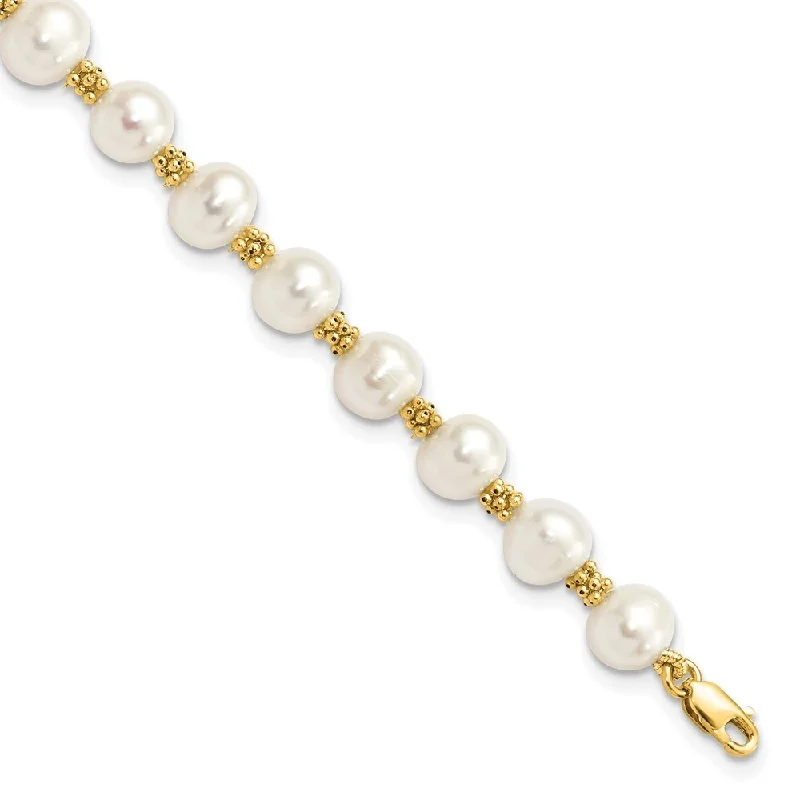 14k Yellow Gold 6-7mm White Round Freshwater Cultured Pearl Bracelet, 7.25"