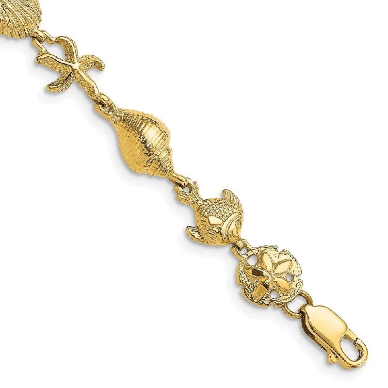 14k Yellow Gold 8.75mm Nautical Combination w/Dolphins Link Bracelet, 7.25"