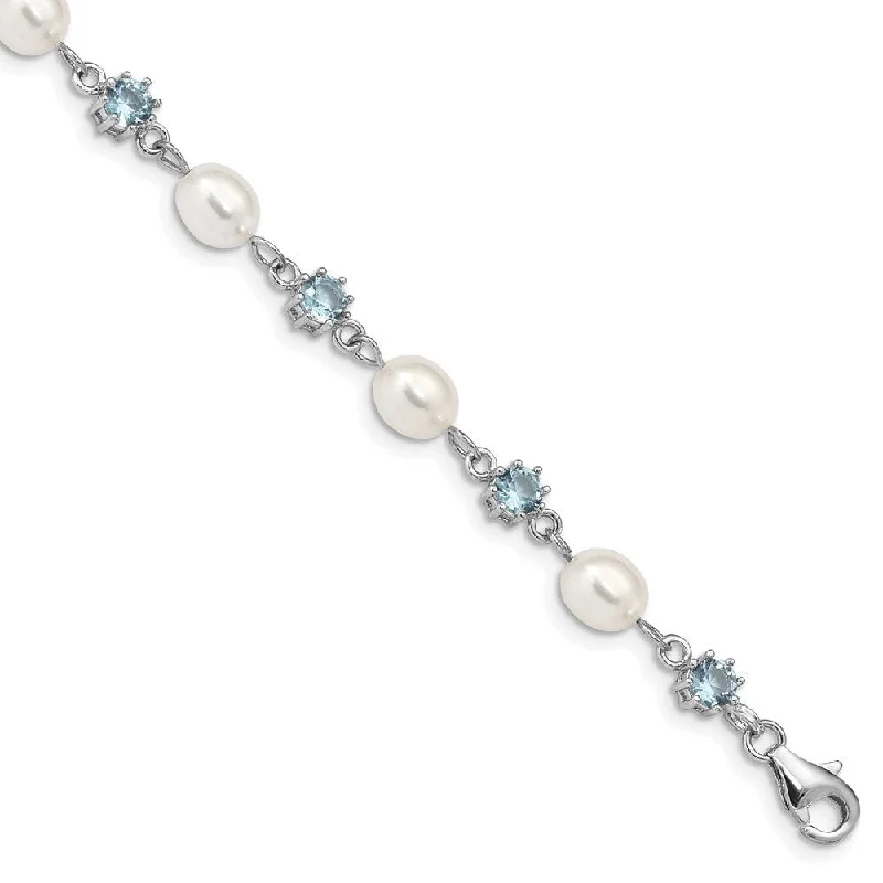 925 Sterling Silver Rhodium Blue Cubic Zirconia FW Cultured Pearl Bracelet, 7"