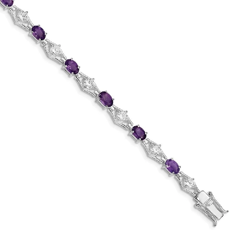 925 Sterling Silver Rhodium-plated Amethyst & Cubic Zirconia Bracelet, 7"