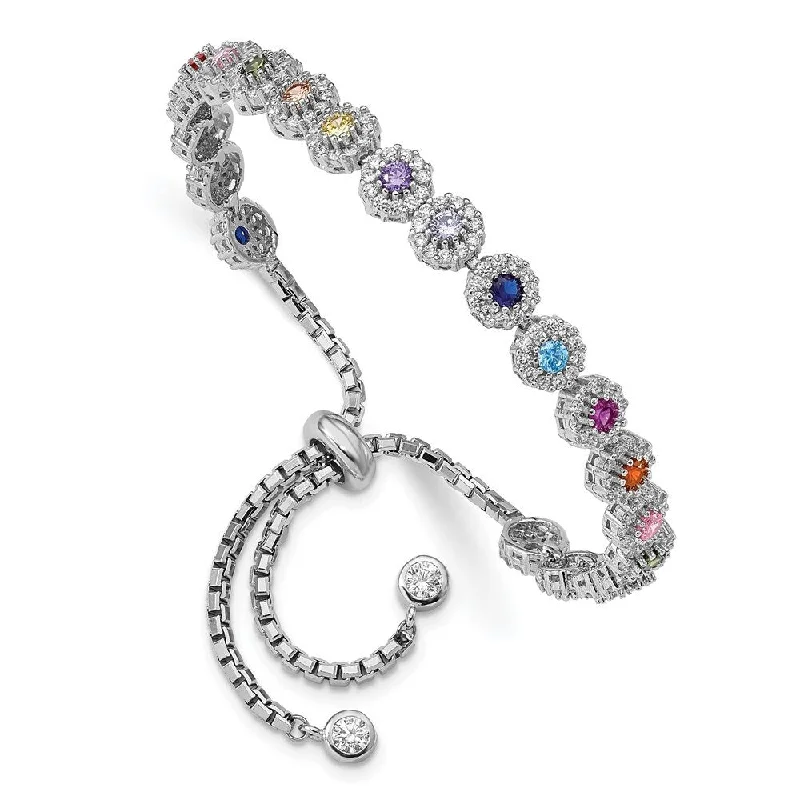 925 Sterling Silver Rhodium-plated Colorful Cubic Zirconia Bolo Bracelet