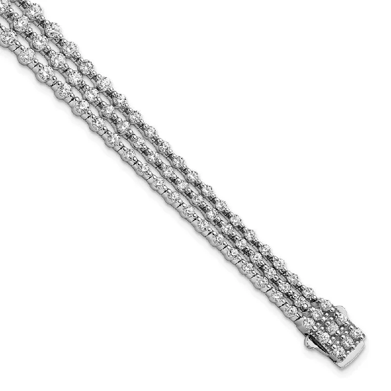 925 Sterling Silver Rhodium Plated Cubic Zirconia 3 Strand 8in Bracelet, 8"