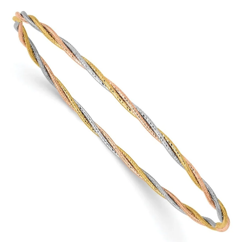 Curata 14k Tri-Color Gold 7.25" 2mm Textured Twisted Slip-on Bangle Bracelet