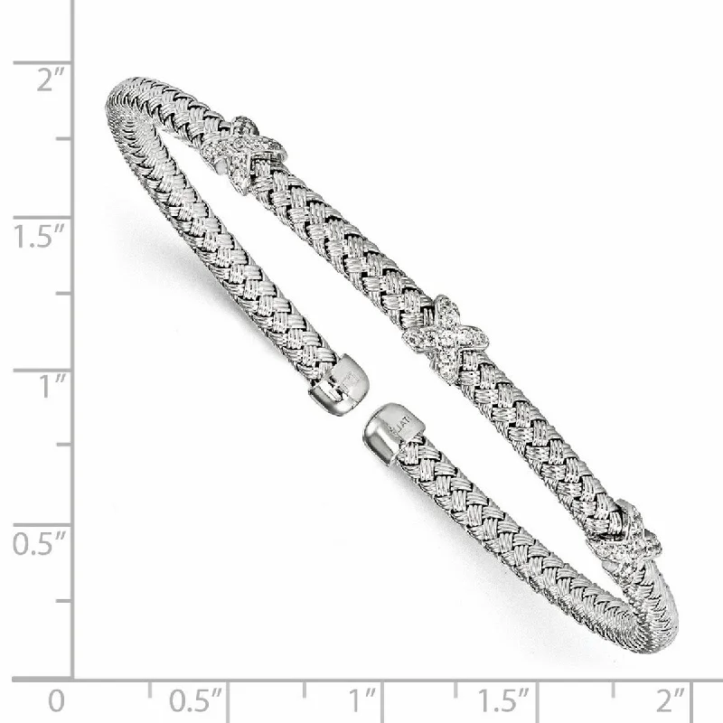 Curata 925 Sterling Silver 3.75mm Cubic Zirconia X Design Woven Cuff Bangle Bracelet