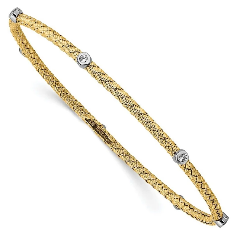 Curata 925 Sterling Silver 8" 2.75mm Yellow Gold Plated Cubic Zirconia Woven Slip On Thin Bangle Bracelet