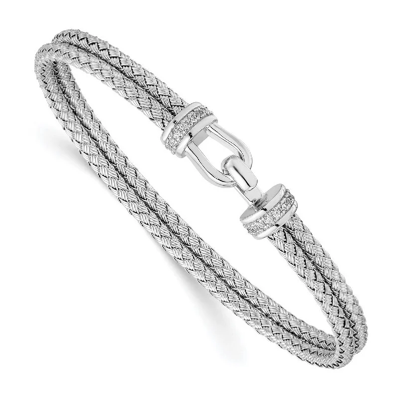 Curata 925 Sterling Silver CZ Cubic Zirconia Double Woven Horse-shoe Hook Soft Bangle