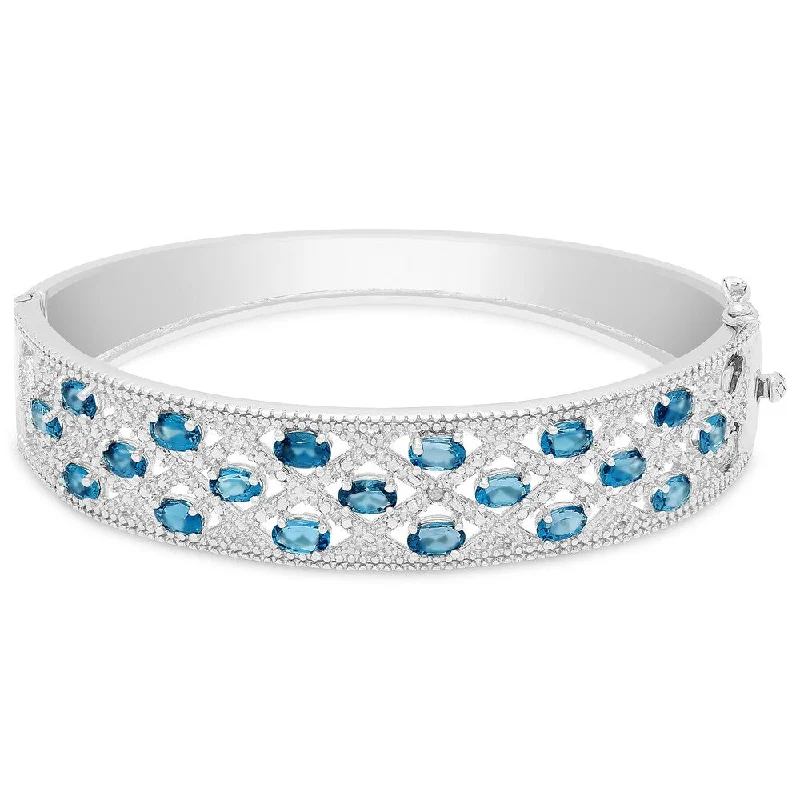 Dolce Giavonna Sterling Silver London Blue Topaz and Diamond Accent Lattice Design Bangle