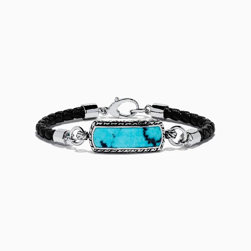 Men's Sterling Silver and Leather Turquoise Bracelet, 5.40 TCW