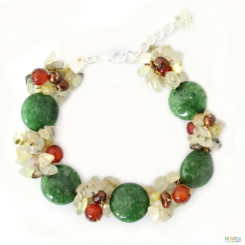 Handmade Multi-gemstone 'Peony Romance' Pearl Bracelet (3.5-4 mm) (Thailand)