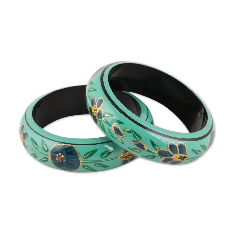 NOVICA Floral Viridian, Wood bangle bracelets (pair)