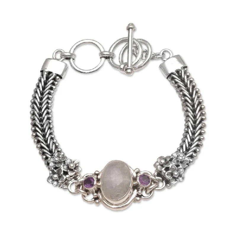 NOVICA Handmade Sterling Silver Jepun Glow Rainbow Moonstone Amethyst Bracelet (Indonesia)