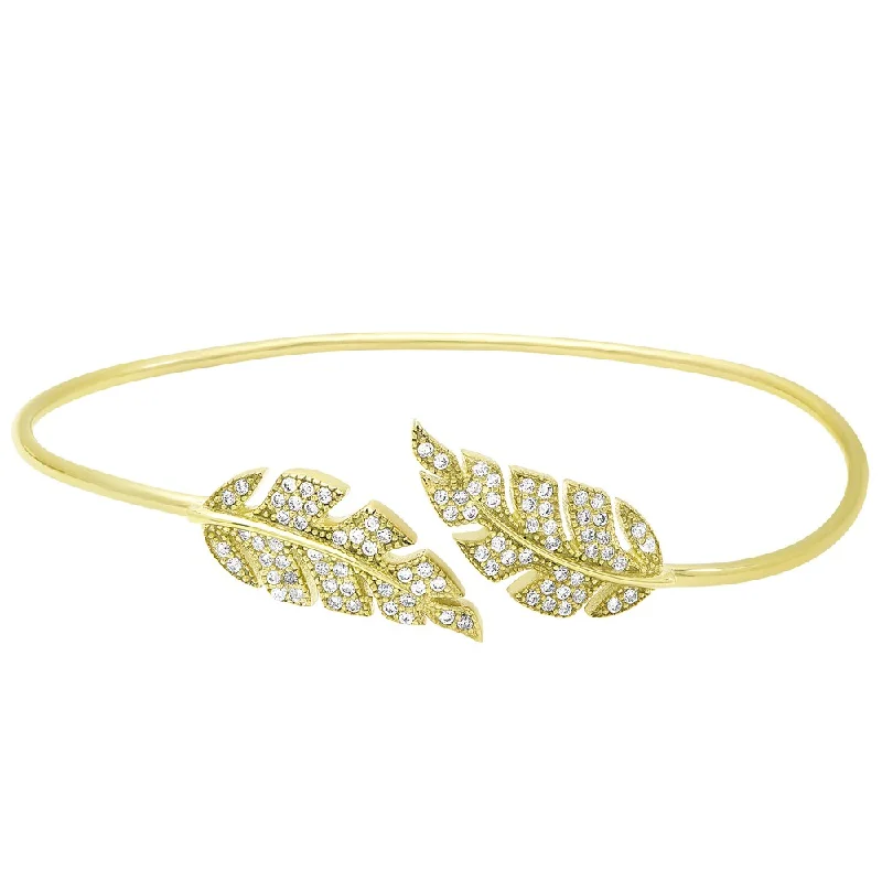 Samantha Stone Gold Over Sterling Silver Cubic Zirconia Open Leaf Bangle