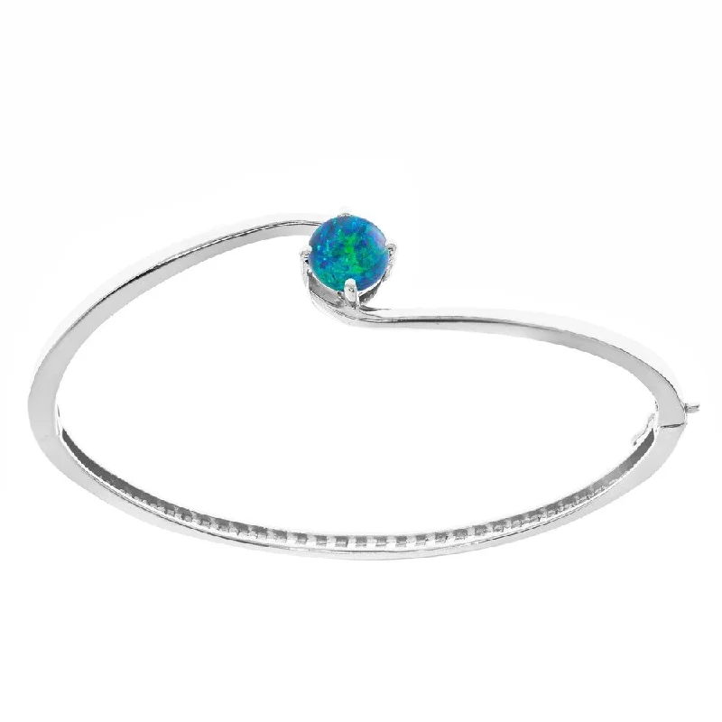 Sterling Silver with Blue Opal Solitaire Bangle Bracelet-6.5''