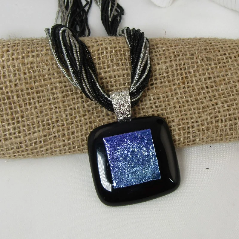 Handmade Black Dichroic Pendant on Multi-strand Seed Bead Necklace