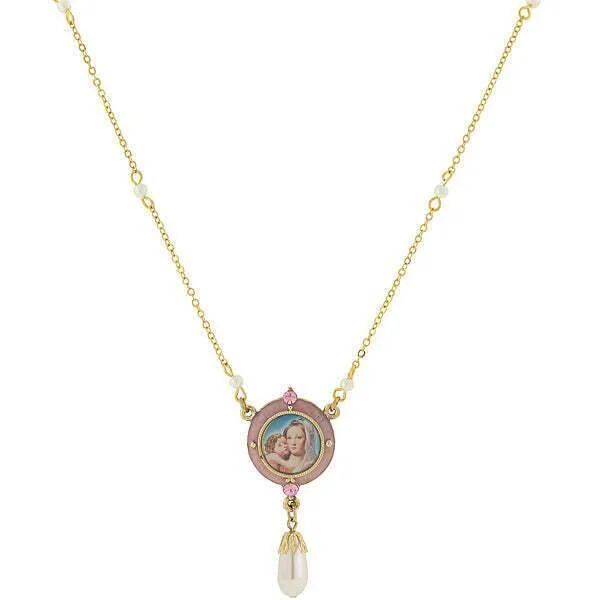 Symbols Of Faith Pink & Faux Pearl Drop Pendant Mary And Child Necklace 16" + 3" Extender