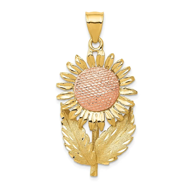 14KT Yellow and Rose Gold 44X21MM Diamond-cut Sunflower Pendant. Chain Not Included