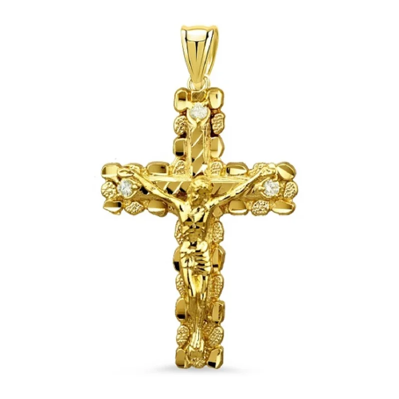 14KT Yellow Gold 42MM Nugget Crucifix Cross Pendant. Chain Not Included