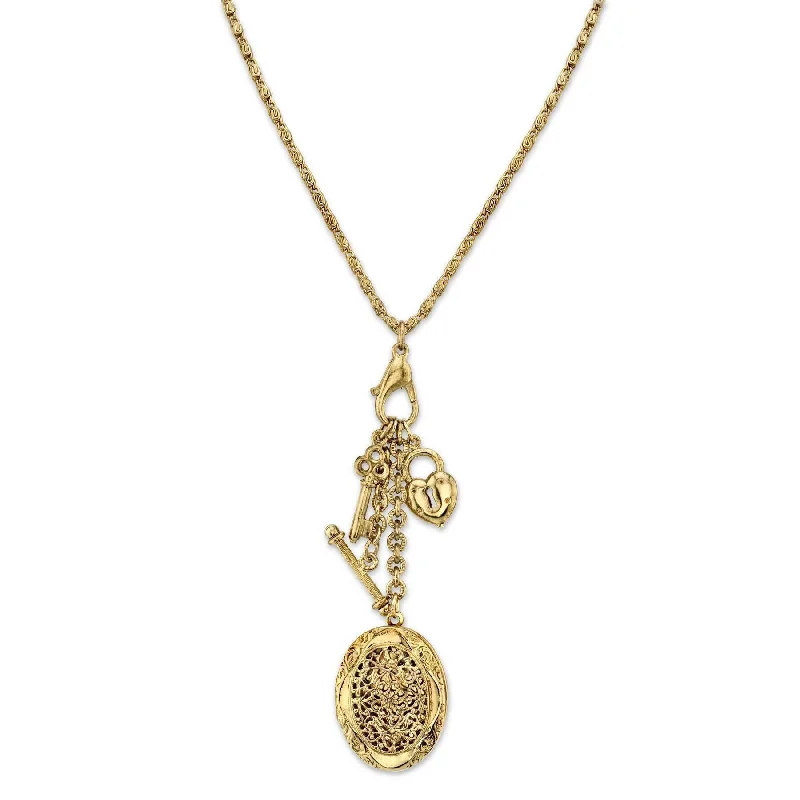 1928 Jewelry Key, Heart And Oval Filigree Locket Charm Necklace 26"