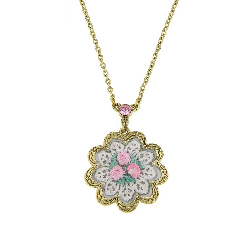 1928 Jewelry Knit Doily Pink Rose Flower Crystal Accent Pendant Necklace, 16 + 3" Extender