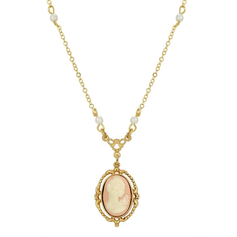 1928 Jewelry Light Pink Oval Cameo Faux Pearl Pendant Necklace 16" + 3" Extender