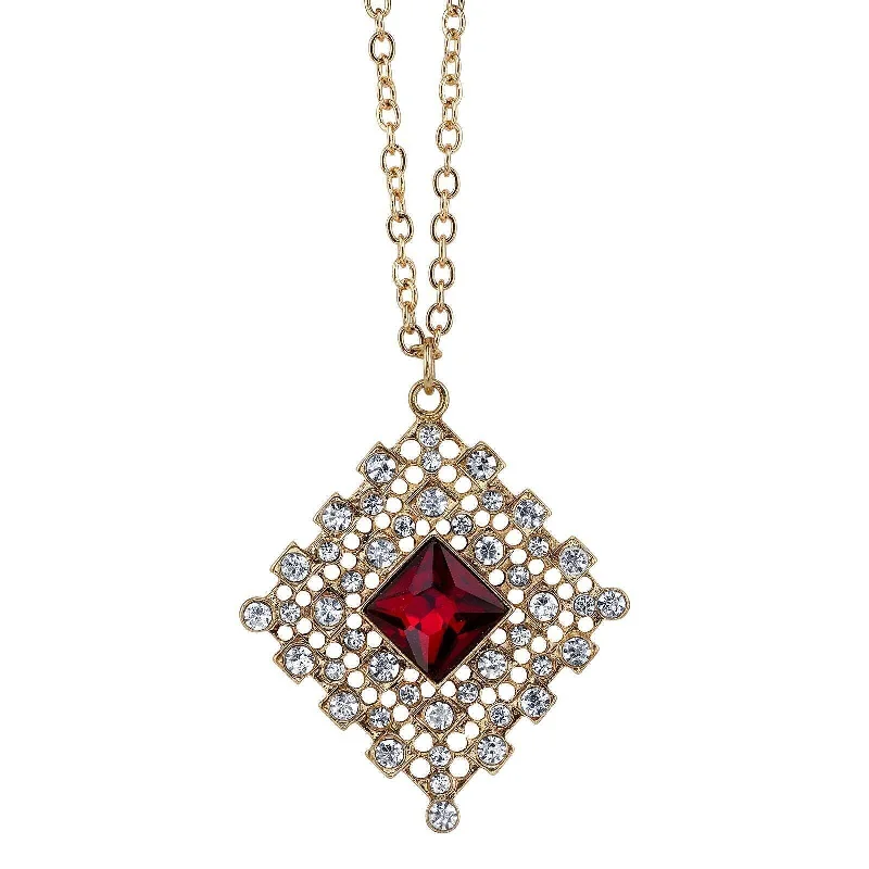 1928 Jewelry Siam Red Square & Crystal Filigree Pendant Necklace 16" + 3" Extender