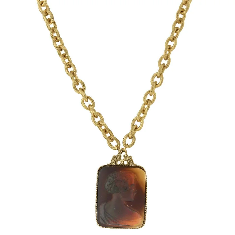 2028 Jewelry Tortoise Intaglio Victorian Glass Square Pendant Necklace 18" + 3" Extender