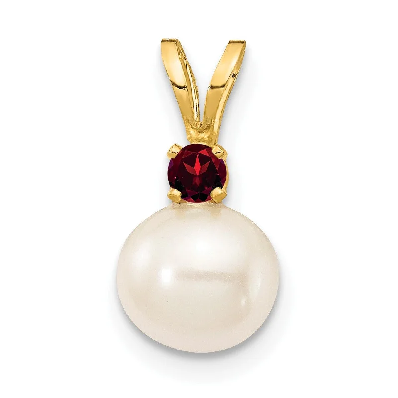 7MM Round Pearl and Garnet Pendant in 14KT Yellow Gold. Chain not Included