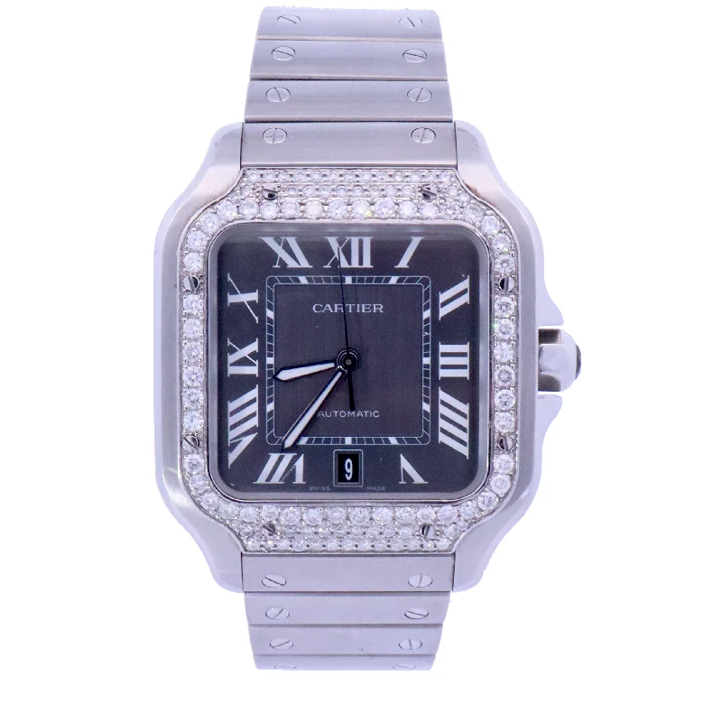 Cartier Santos Stainless Steel 42mm Iced Out Bezel Grey Dial Watch | Ref# WSSA0037