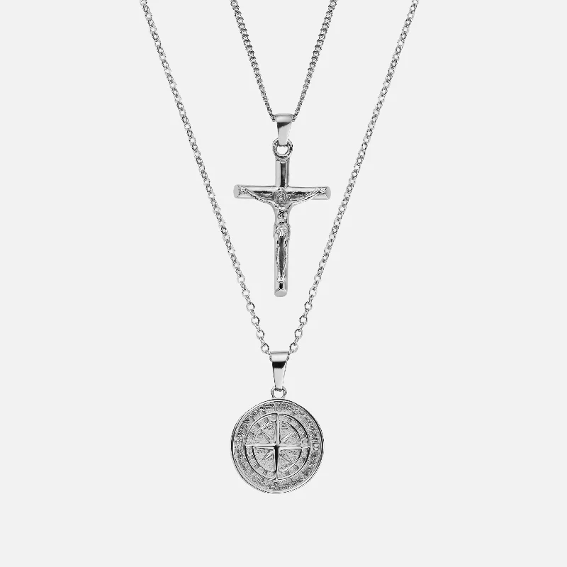 COMPASS & CRUCIFIX PENDANT SET - WHITE GOLD