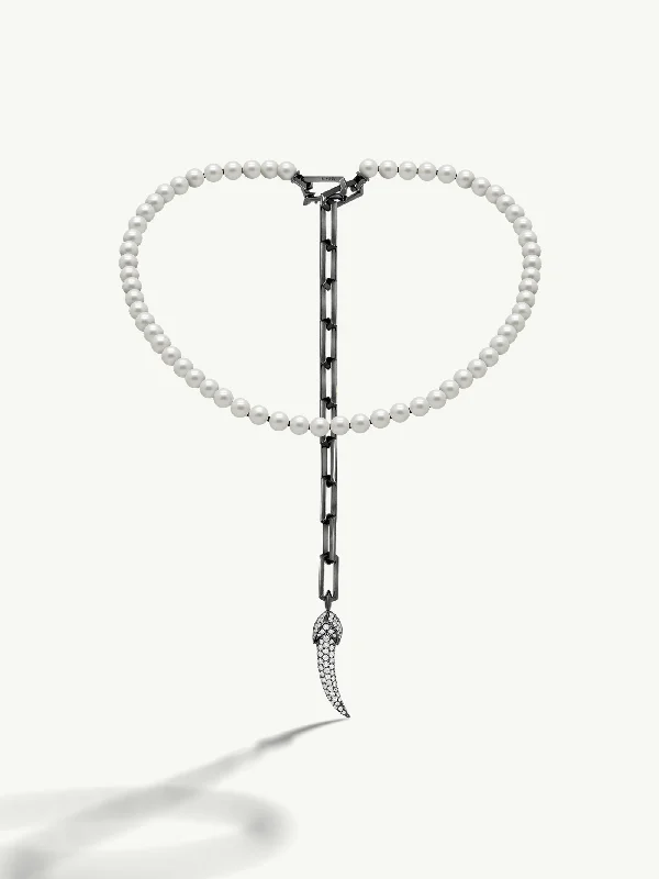 Damian Horn Talisman Pearl Necklace With Pavé-Set Brilliant Diamonds In 18K Black Gold