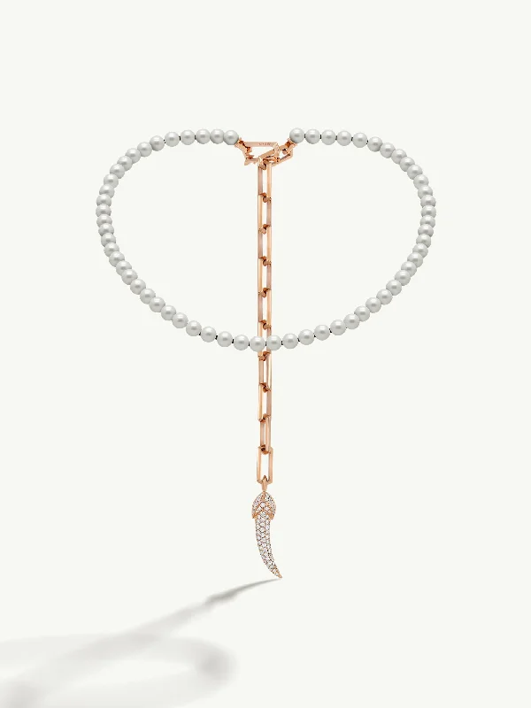 Damian Horn Talisman Pearl Necklace With Pavé-Set Brilliant Diamonds In 18K Rose Gold