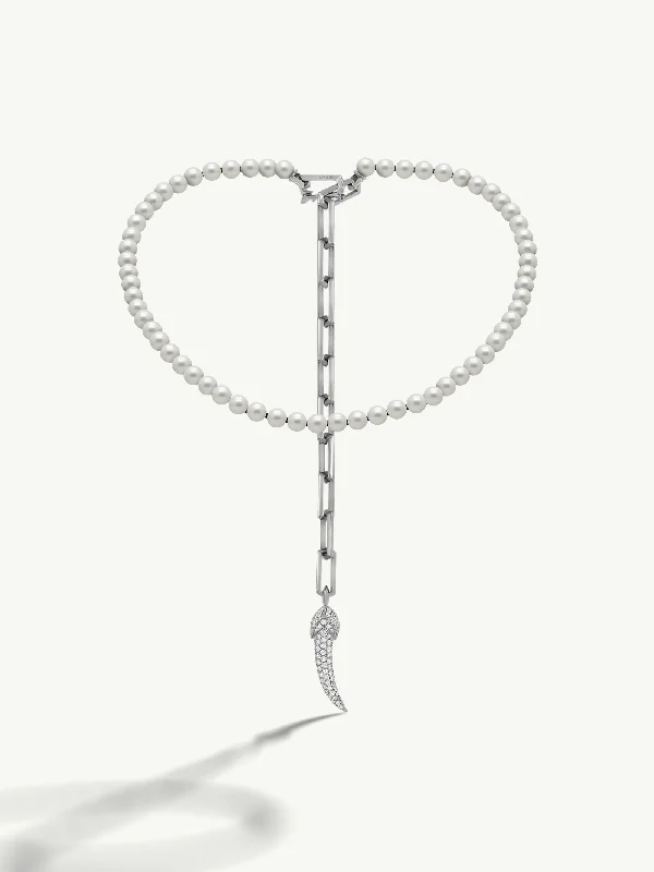 Damian Horn Talisman Pearl Necklace With Pavé-Set Brilliant Diamonds In 18K White Gold