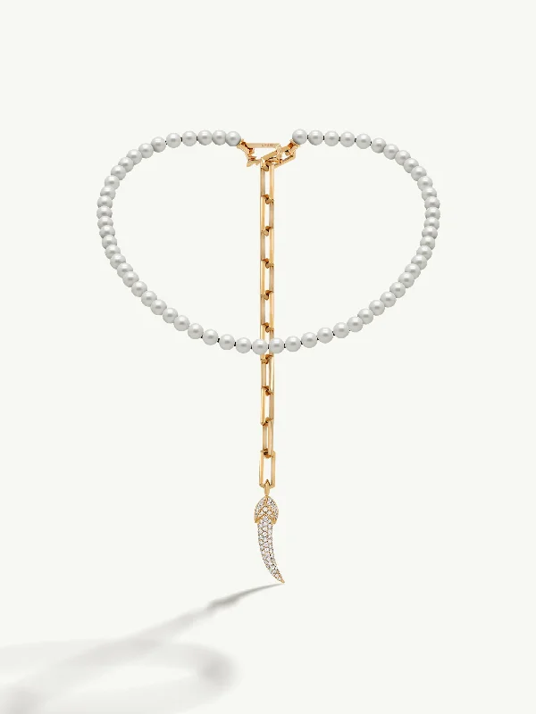 Damian Horn Talisman Pearl Necklace With Pavé-Set Brilliant Diamonds In 18K Yellow Gold