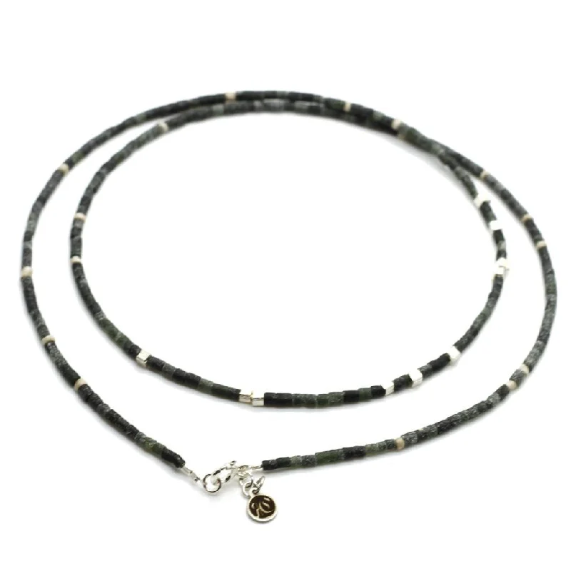 Dark Green Jade Strand Necklace - Sterling Silver