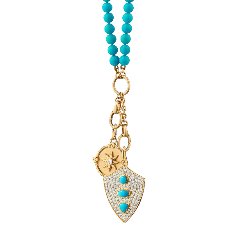 “Fearless” Turquoise and Pave Diamond Shield and “Adventure” Mini Compass Charm Necklace