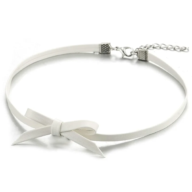 Ladies White Leather Bow Choker Necklace Pendant