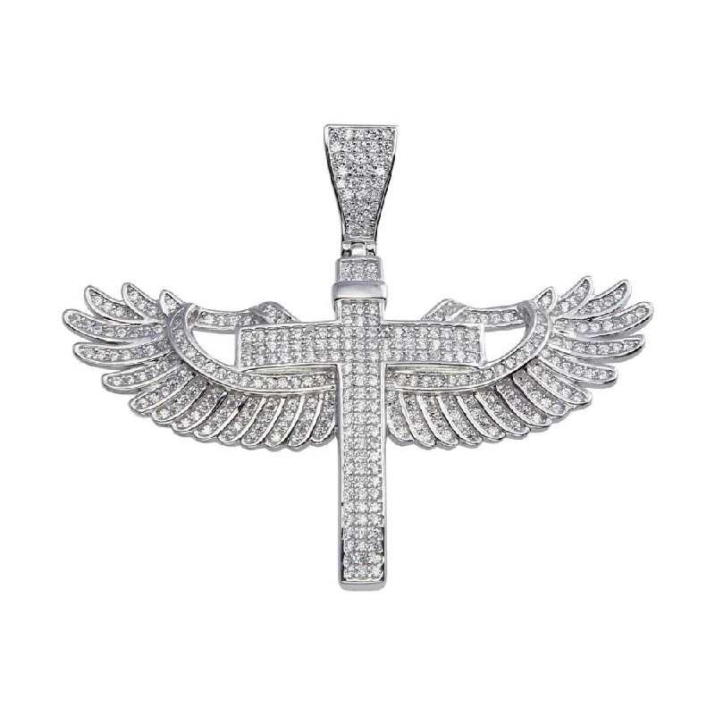 Luxe Layers Sterling Silver Cubic Zirconia 41X52MM Cross with Wing Pendant-Chain Not Included