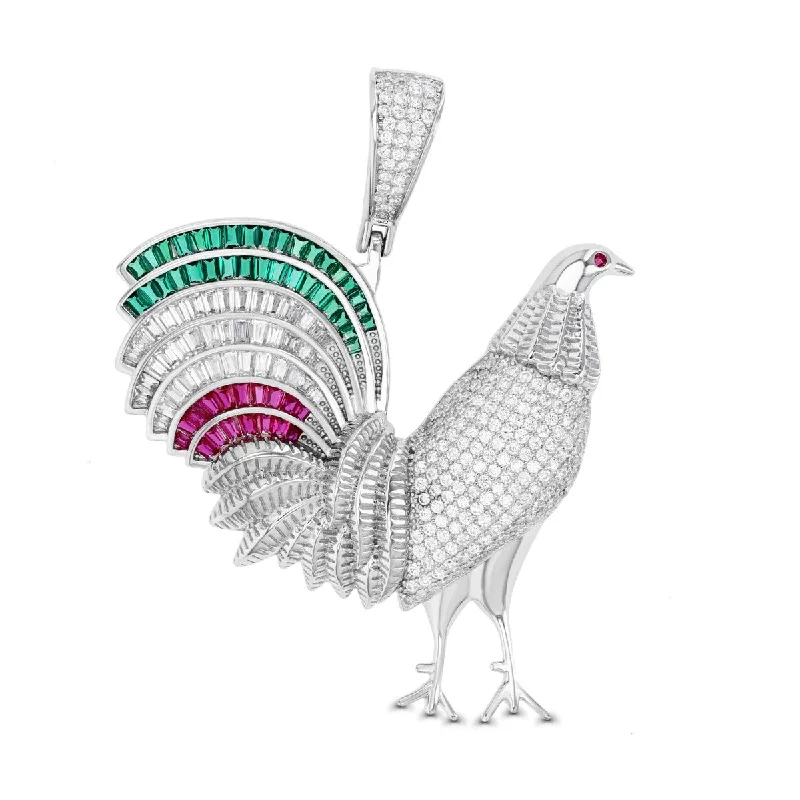 Luxe Layers Sterling Silver Cubic Zirconia 58X47MM Rooster Pendant. Chain Not Included