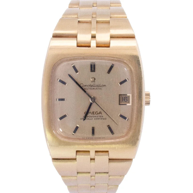 Omega Constellation 33mmx39mm Yellow Gold Champagne Stick Dial Watch Reference# 166.059