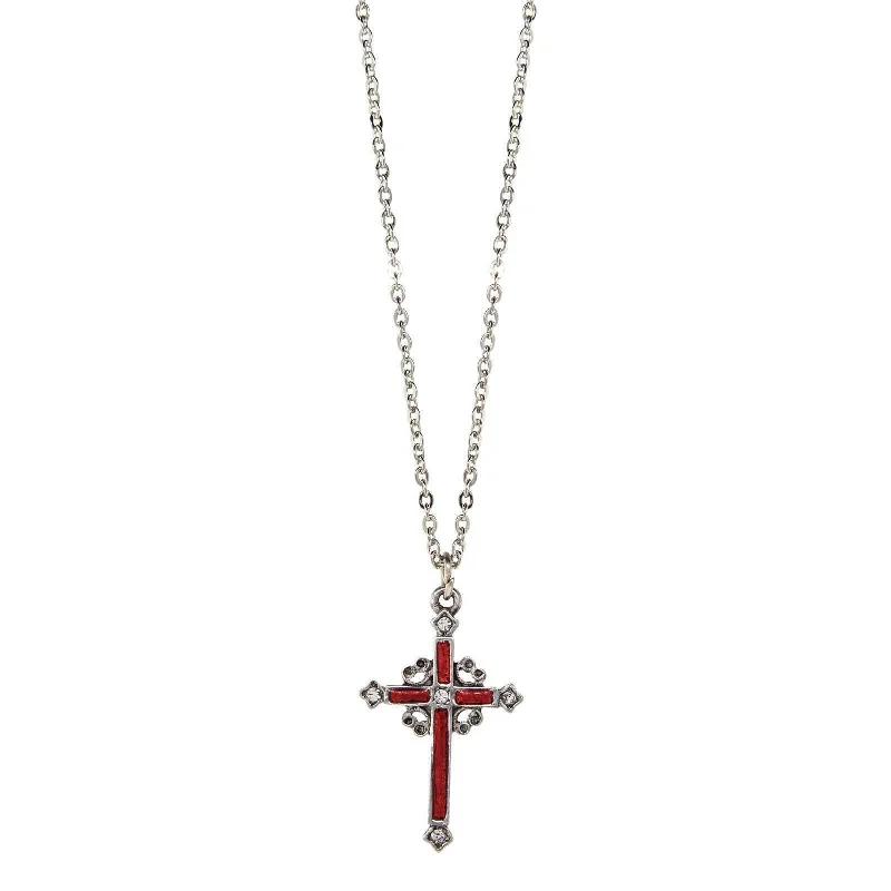 Symbols Of Faith Pewter Hand Enamel Cross With Crystals Pendant Necklace 18"