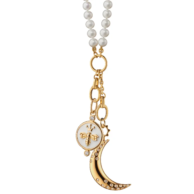 "Queen Bee" with White Enamel and "Dream" Moon Pearl Charm Necklace