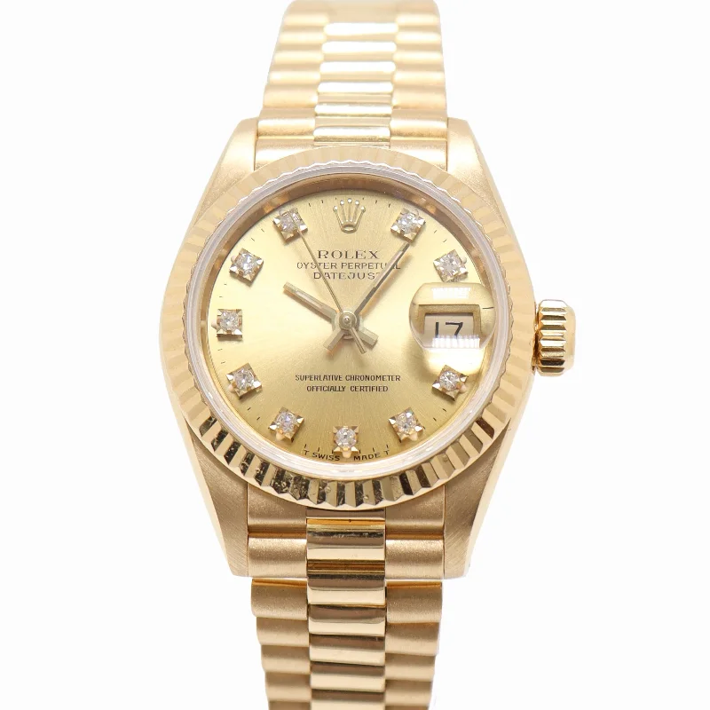 Rolex Datejust 26 Yellow Gold Champagne Diamond Dial Watch Reference#: 69178