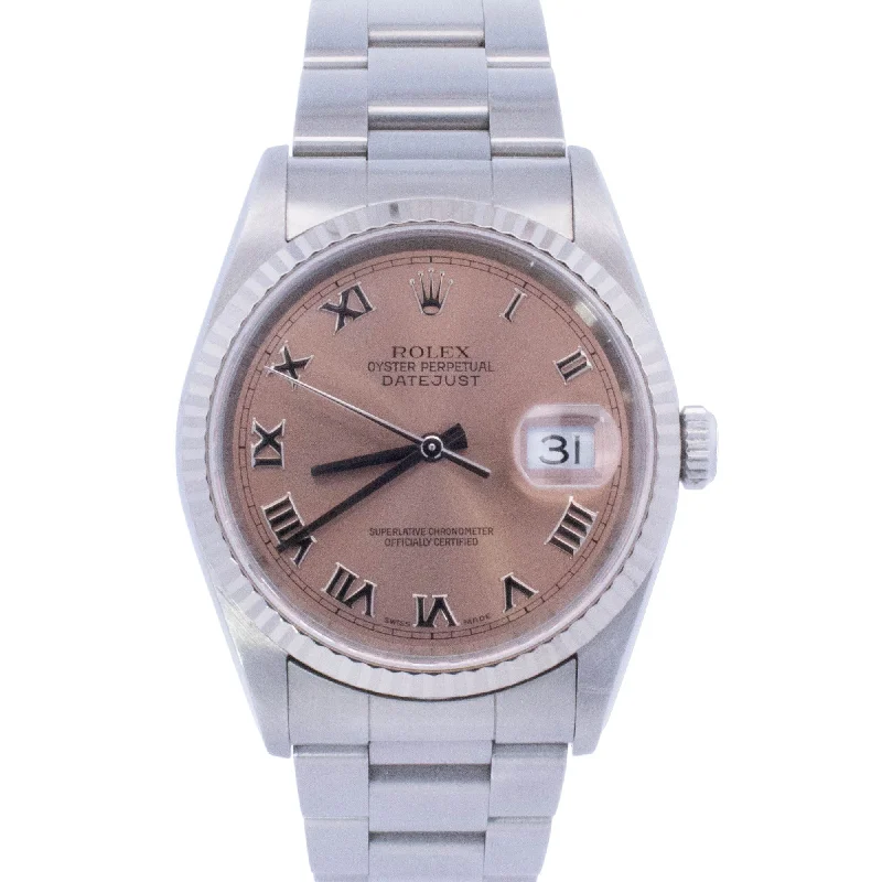 Rolex Datejust 36mm Stainless Steel Pink Roman Dial Watch Reference# 16234